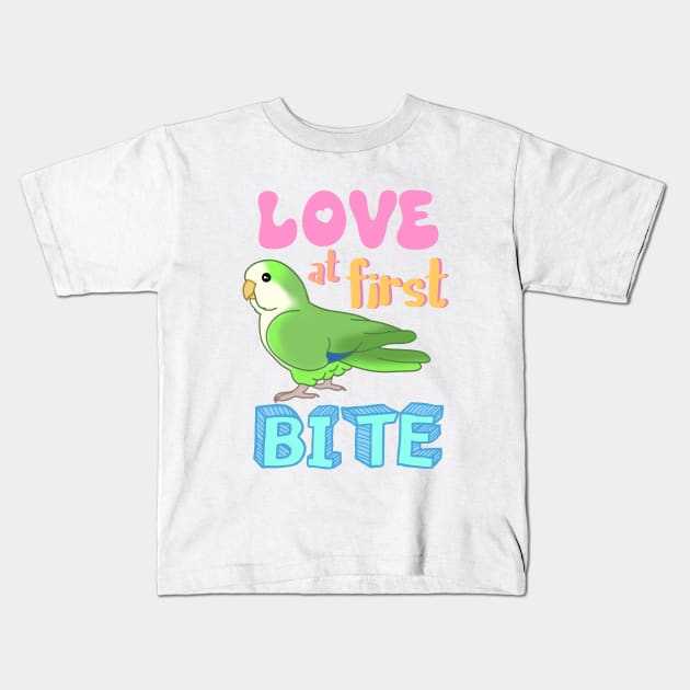 Love at first bite Green Quaker Funny Birb merch Parrot Kawaii Kids T-Shirt by FandomizedRose